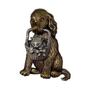 Vtg JJ Jonette Dog Holding Cat in Basket Pin Gold Silver Tone Animal Lover Pets